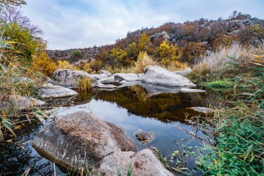 Hızlı, sığ ve temiz bir dere, Ukrayna 'da rüzgarda savrulan uzun kuru topaklarla çevrili yumuşak ve büyük taşların arasında akar.