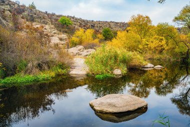 Hızlı, sığ ve temiz bir dere, Ukrayna 'da rüzgarda savrulan uzun kuru topaklarla çevrili yumuşak ve büyük taşların arasında akar.