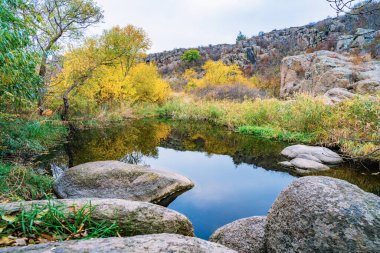 Hızlı, sığ ve temiz bir dere, Ukrayna 'da rüzgarda savrulan uzun kuru topaklarla çevrili yumuşak ve büyük taşların arasında akar.