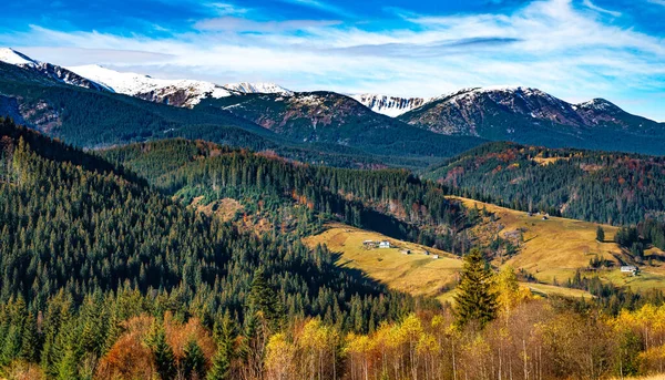 Karpat Dağlarını Kaplayan Güzel Renkli Ormanlar Sıcak Sonbahar Gökyüzünün Arka — Stok fotoğraf