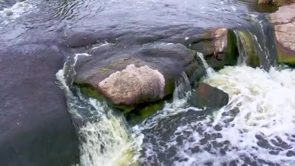 Een snelle stroom tussen gladde donkere en natte stenen — Stockvideo