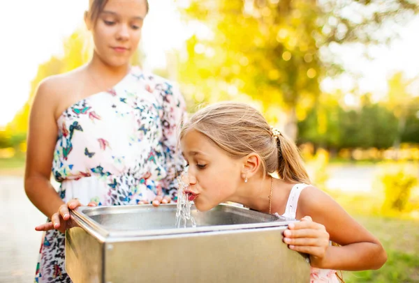 Due divertenti allegre meravigliose sorelle bevono acqua fresca da una piccola fontana in un parco estivo caldo e soleggiato — Foto Stock