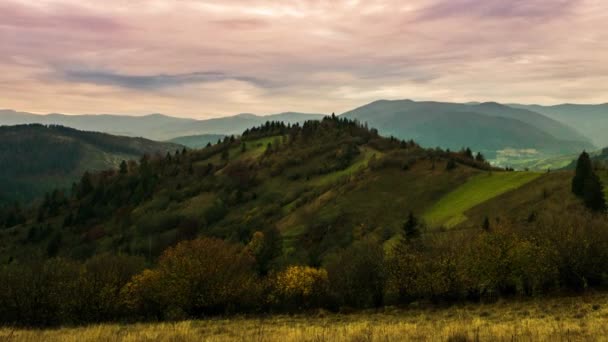 Beau coucher de soleil rose dans les collines verdoyantes — Video