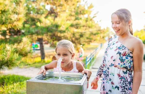 Дві веселі чудові сестри п'ють прісну воду з маленького фонтану в літньому теплому сонячному парку — стокове фото