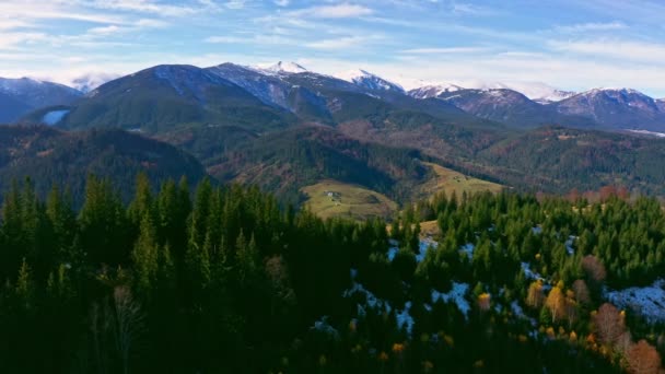 Pequeño pueblo en el hermoso valle de la montaña de los Cárpatos en Ucrania en el pueblo de Dzembronya — Vídeos de Stock