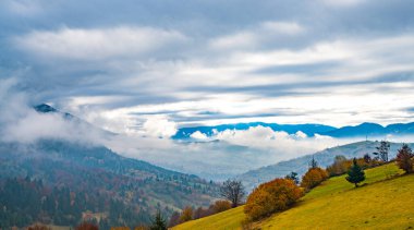 Güzel tepelerdeki Karpatlar 'ın alışılmadık güzellikte doğası, renkli ormanlardan oluşan fantastik gökyüzü ve küçük bir köy.