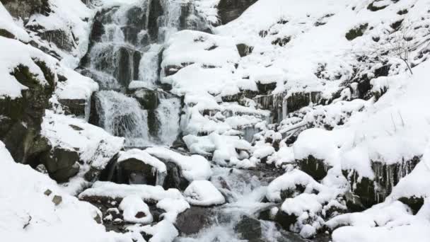 Kis patakok hideg víz áramlik a kövek között hóval borított — Stock videók