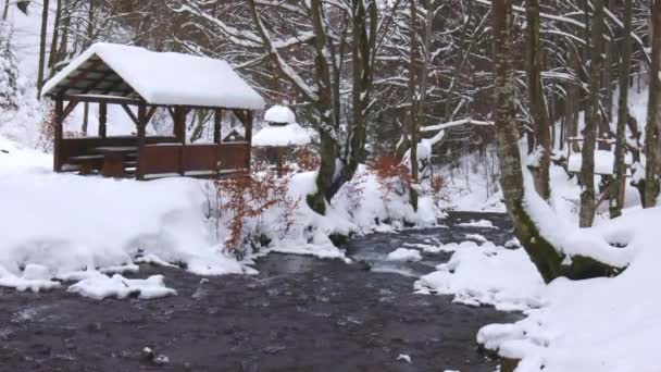 Ein hölzerner Pavillon in den Tiefen des Waldes in der Nähe eines Gebirgsbaches und Menschen gehen daran vorbei und klettern aus dem Tal hinauf — Stockvideo