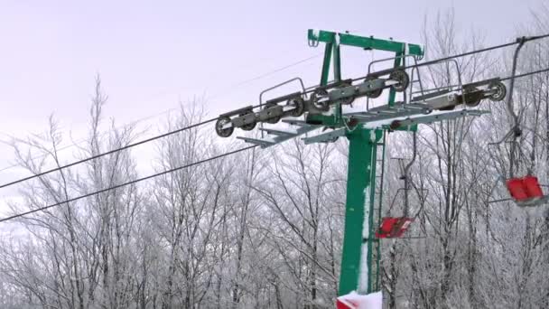 Vista do teleférico contra o fundo de uma floresta montanhosa e céu cinzento nos Cárpatos — Vídeo de Stock
