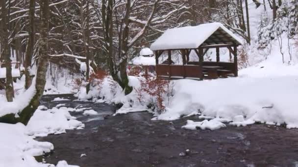 Un gazebo di legno nelle profondità del bosco vicino a un torrente di montagna e la gente lo supera salendo dalla valle — Video Stock