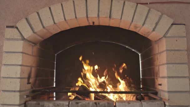 Brasero grande con fuego ardiente y troncos ardiendo — Vídeos de Stock