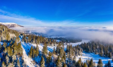 Karpat dağlarının muhteşem manzaraları Ukrayna 'nın Pylypets köyü yakınlarındaki ilk karla kaplıydı.
