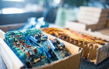 Yakın çekim elektrik yeşil gömülü mikro devreler üretimde