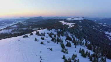Sıradışı bir vadi tepeler ve dağlarla kaplı köknar ormanlarıyla parlak pembe bir günbatımının arka planına karşı