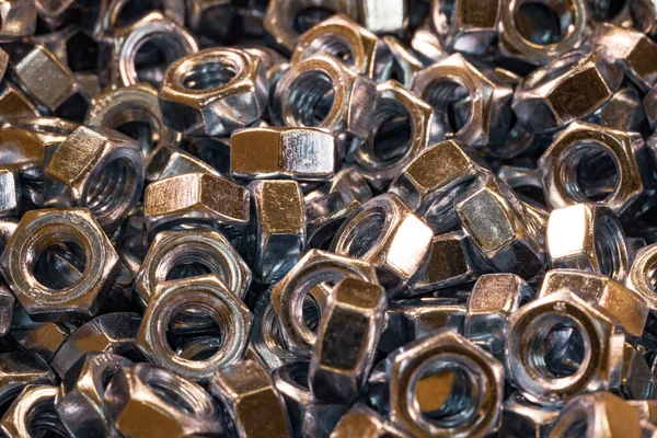 Close Metalen Chromen Moeren Een Chaotische Volgorde Achtergrond Concept Voor — Stockfoto