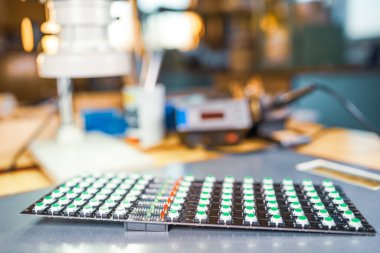 Yeşil ışık göstergelerinden oluşan LED panelin yakın çekimi otomatik kontrol sistemleri üretiminde yer almaktadır. Askeri ve stratejik amaçlar için endüstriyel ekipman üretimi kavramı