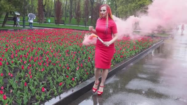 Uma menina com maquiagem com tranças de arco-íris em vestido vermelho posando em fumaça vermelha contra o fundo de um canteiro de flores florescendo — Vídeo de Stock