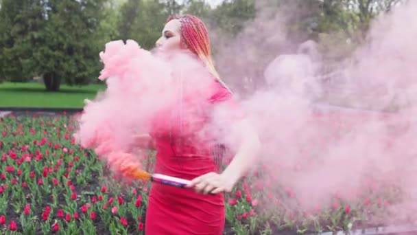 Une fille maquillée avec des tresses arc-en-ciel en robe rouge posant en fumée rouge sur le fond d'un lit de fleurs en fleurs — Video