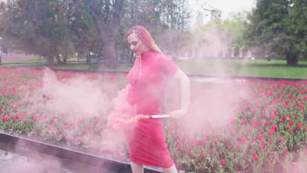 Uma menina com maquiagem com tranças de arco-íris em vestido vermelho posando em fumaça vermelha contra o fundo de um canteiro de flores florescendo — Vídeo de Stock