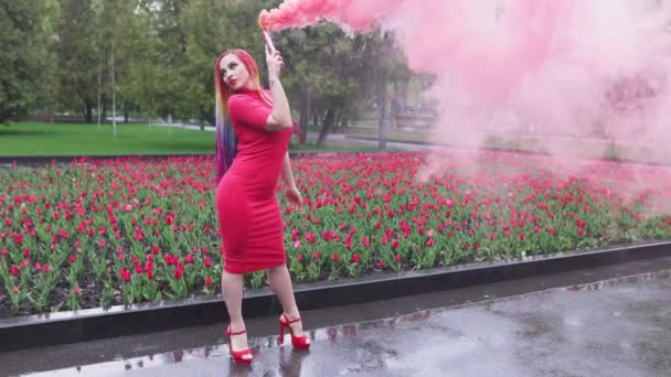 En jente med sminke med regnbuefletter i rød kjole som poserer i rød røyk mot bakgrunnen av en blomstrende blomsterbed – stockvideo