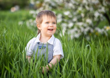 Mavi tulumlu ve mavi gözlü şirin bir çocuk yeşil bir parktaki uzun yeşil çimenlerde tuhaf oynuyor.