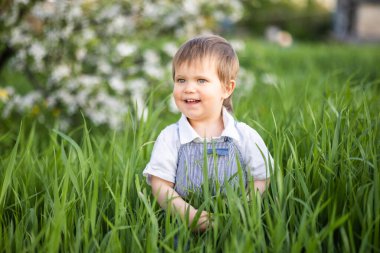 Şık bir tulum giymiş, mavi gözlü sevimli bir çocuk komik bir şekilde gülümsüyor ve uzun yeşil çimenlerin arasına saklanıyor.