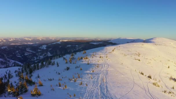 Een buitengewone vallei met heuvels en bergen bedekt met dennenbossen tegen de achtergrond van een felroze zonsondergang — Stockvideo