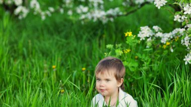 Şık bir tulum giymiş, mavi gözlü sevimli bir çocuk komik bir şekilde gülümsüyor ve uzun yeşil çimenlerin arasına saklanıyor.