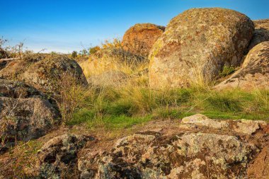 Ukrayna 'da gökyüzünün arka planına karşı yeşil-sarı bir alanda küçük bir taş yığını.