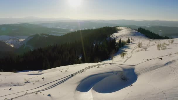 Husté lesy pokrývají vysoké hory a jejich svahy v Karpat a velmi jasné slunce, které zapadá — Stock video