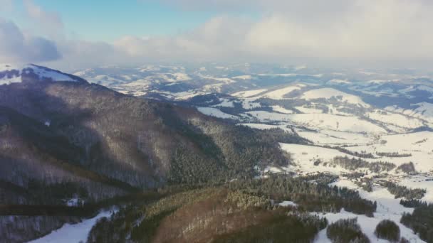 Невелике засніжене село у величезній гірській долині з ялиновими лісами на тлі хмарного блакитного неба — стокове відео