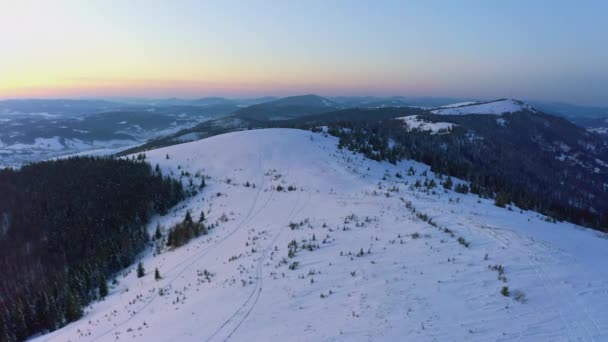 Ein außergewöhnliches Tal mit Hügeln und Bergen, die mit Tannenwäldern bedeckt sind, vor dem Hintergrund eines leuchtend rosa Sonnenuntergangs — Stockvideo