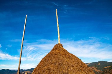 Karpatların muhteşem doğasına ve olağanüstü gökyüzüne karşı büyük bir saman yığını.