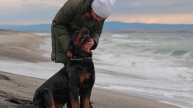 Sıcak ceketli kimliği belirsiz bir kız mavi fırtınalı denizin yanındaki kumlu sahilde duruyor ve sadık arkadaşının kulağının arkasını tırmalıyor. Rottweiler cinsinin büyük, eğitimli köpeği, 4K UHD yavaş çekim videosu.