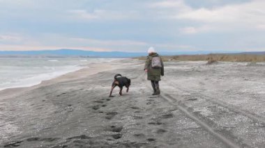 Ceketli enerjik neşeli genç kız mavi deniz kenarındaki kumlu sahilde sevgili sadık arkadaşı Rottweiler cinsinin büyük mutlu köpeği 4K UHD yavaş çekim videosu