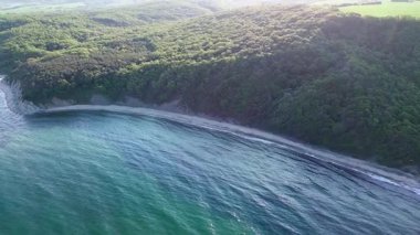 A wild empty sandy beach between a rocky sharp large ledge, covered with green fresh new vegetation, and a deep calm cool Black Sea under a clear blue sky. UHD 4K video realtime