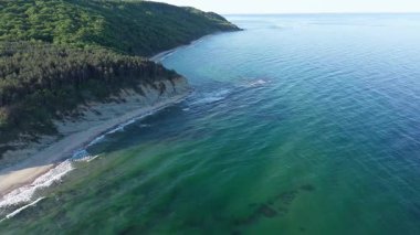 A wild empty sandy beach between a rocky sharp large ledge, covered with green fresh new vegetation, and a deep calm cool Black Sea under a clear blue sky. UHD 4K video realtime
