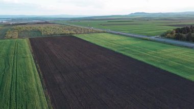 A smooth long road with modern powerful cars and trucks on it passes through farm industrial green fields, under an immense blue cloudy colored sky with a bright warm spring sun. UHD 4K video realtime