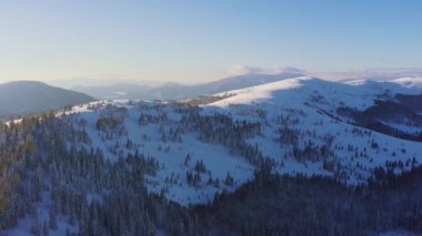 Güneşli, güneşli, aydınlık bir günde, her yeri yeşil yazma ağaçlarıyla kaplı yüksek dik karlı dağ, UHD 4K video.