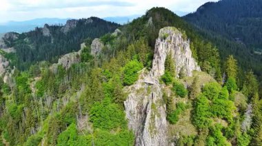 High rocky wild mountain range of Rhodope Mountains covered with green vegetation, against backdrop of mountain valley covered with dense dark spruce forests and blue cloudy sky. UHD 4K video realtime