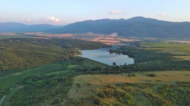 Bitki örtüsü ve ladin ile korunan yeşil dağ vadisi. Karanlık ormanlar. Küçük, eski bir sığır köyü olan Smolyan. UHD 4K video gerçek zamanlı