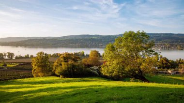 Bulutlar mavi gökyüzünde süzülür durgun bir göl ve yemyeşil üzüm bağları üzerinde Bu güzel 4K UHD hızlandırılmış manzara.