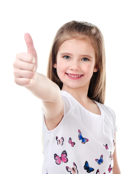 Söta leende liten flicka med finger upp isolerade — Stockfoto