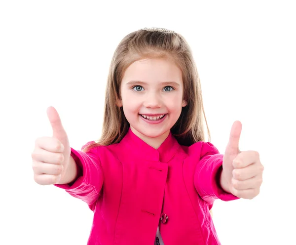 Χαμογελαστά χαριτωμένο κοριτσάκι με δύο δάχτυλα επάνω — Φωτογραφία Αρχείου