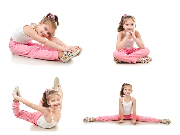 Коллекция фотографий милая маленькая девочка делает гимнастические упражнения — стоковое фото