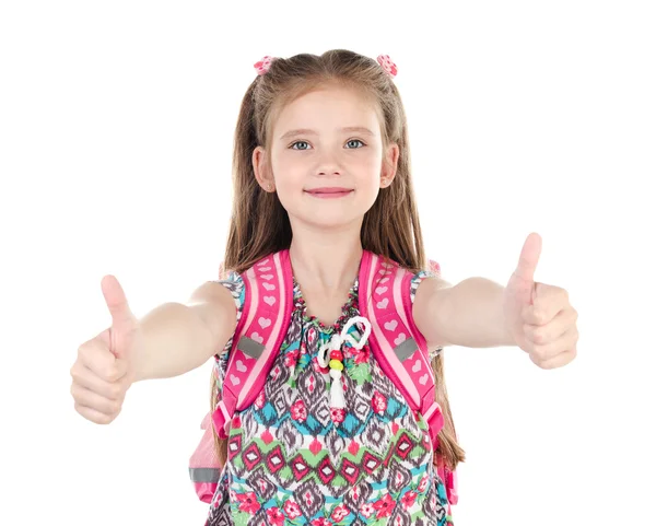 Retrato de colegiala sonriente con dos dedos arriba — Foto de Stock