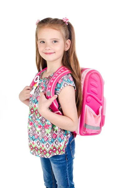 Porträtt av leende skolflicka med ryggsäck isolerade — Stockfoto