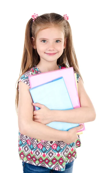 Portret van schoolmeisje glimlachend met boeken geïsoleerd — Stockfoto
