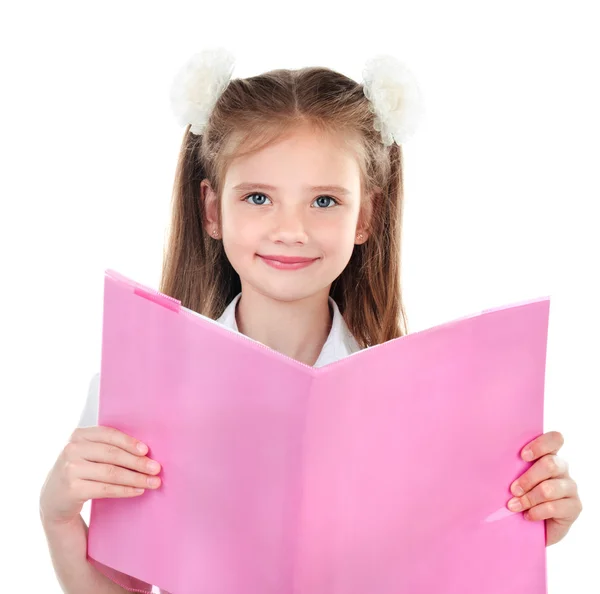 Lachende schattig schoolmeisje met boek — Stockfoto