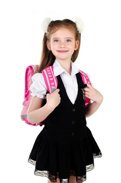 Mosolyogva iskoláslány egyenruhában-val a backpack portréja — Stock Fotó